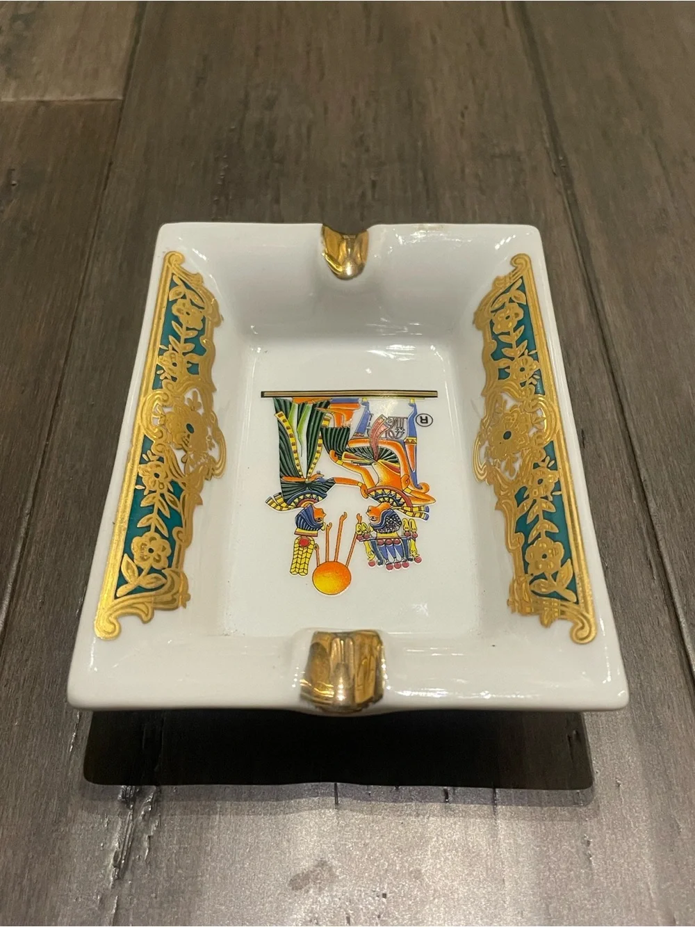 Vintage Tiny Sun Egyptian Revival Porcelain Ashtray Gold Turquoise 5.5” x 3.5”